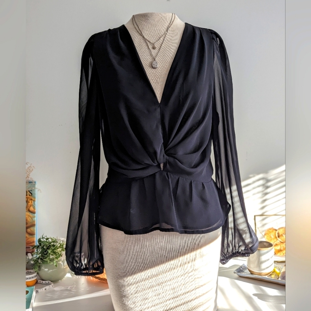 Express Black Crossbody Sheer Long Sleeve Top